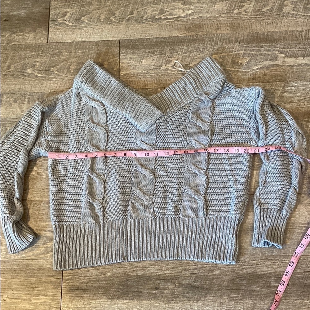 Alya Deep V neck Off the Shoulder Gray Cable Knit Sweater Cozy - Picture 3 of 8